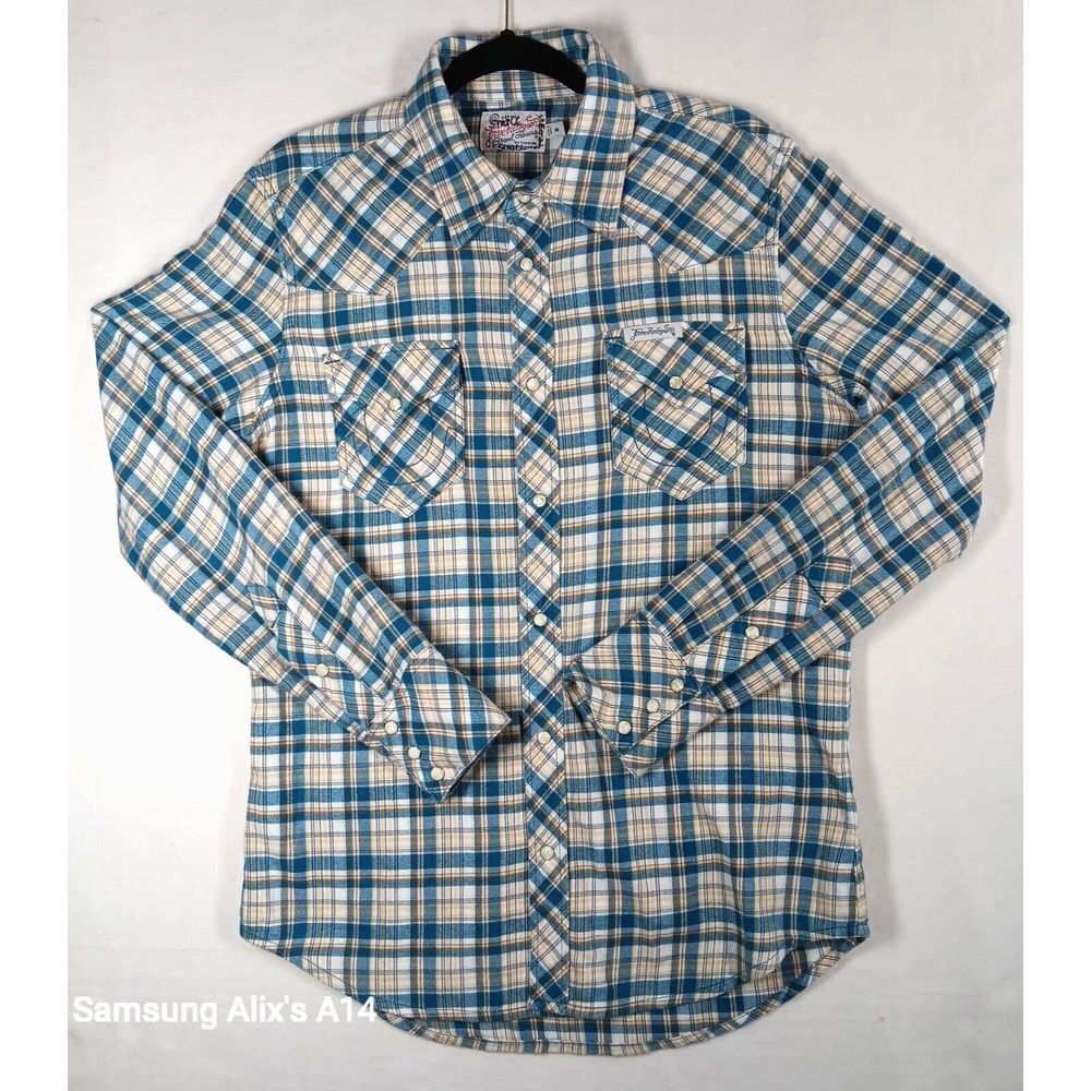 True Religion Men's Western Pearl Snap Plaid Long Sleeve Shirt Horseshoe Medium